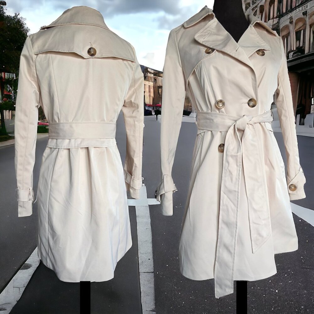 NWT R.J. STORY (SM) Off White/Creme Double Breasted Tie Spring/Rain Coat